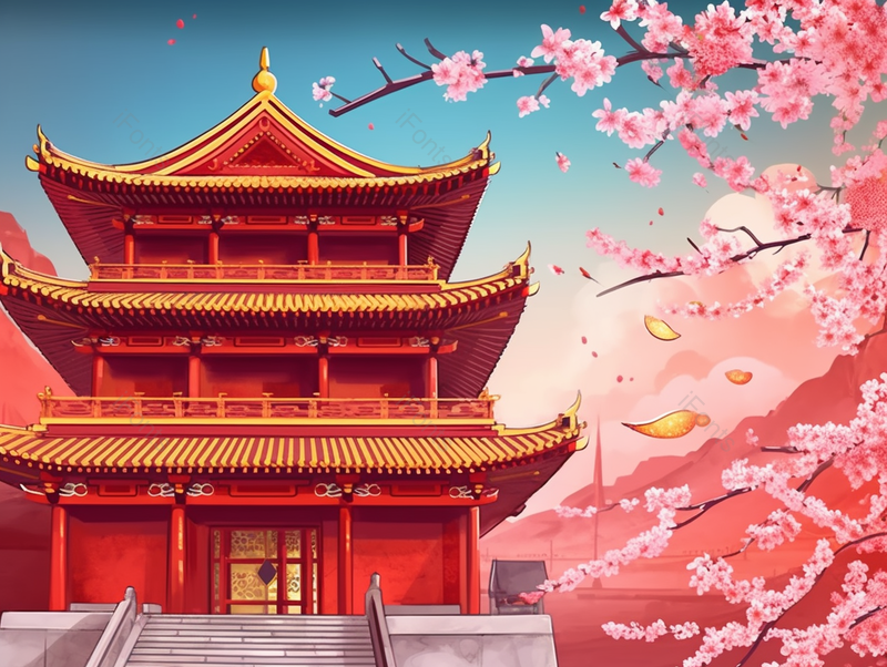 国风西湖景色柳树粉色的桃花梅花樱花盛开古风房屋建筑宫殿背景插画,插画/手绘图,插画/手绘图库,插画/手绘图下载,插画/手绘